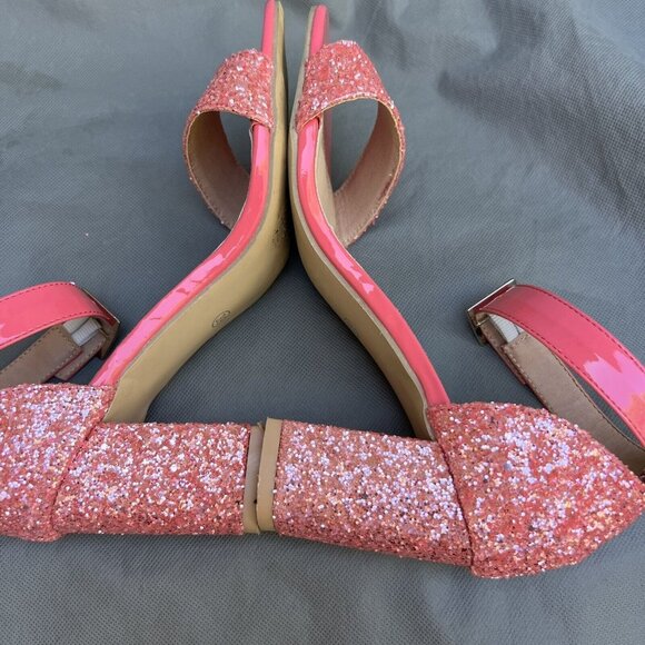 Bright Pink Glitter Block Heels Ankle Strap Open Toe Party Cocktail Sz 39 I 8.5 - Picture 5 of 8